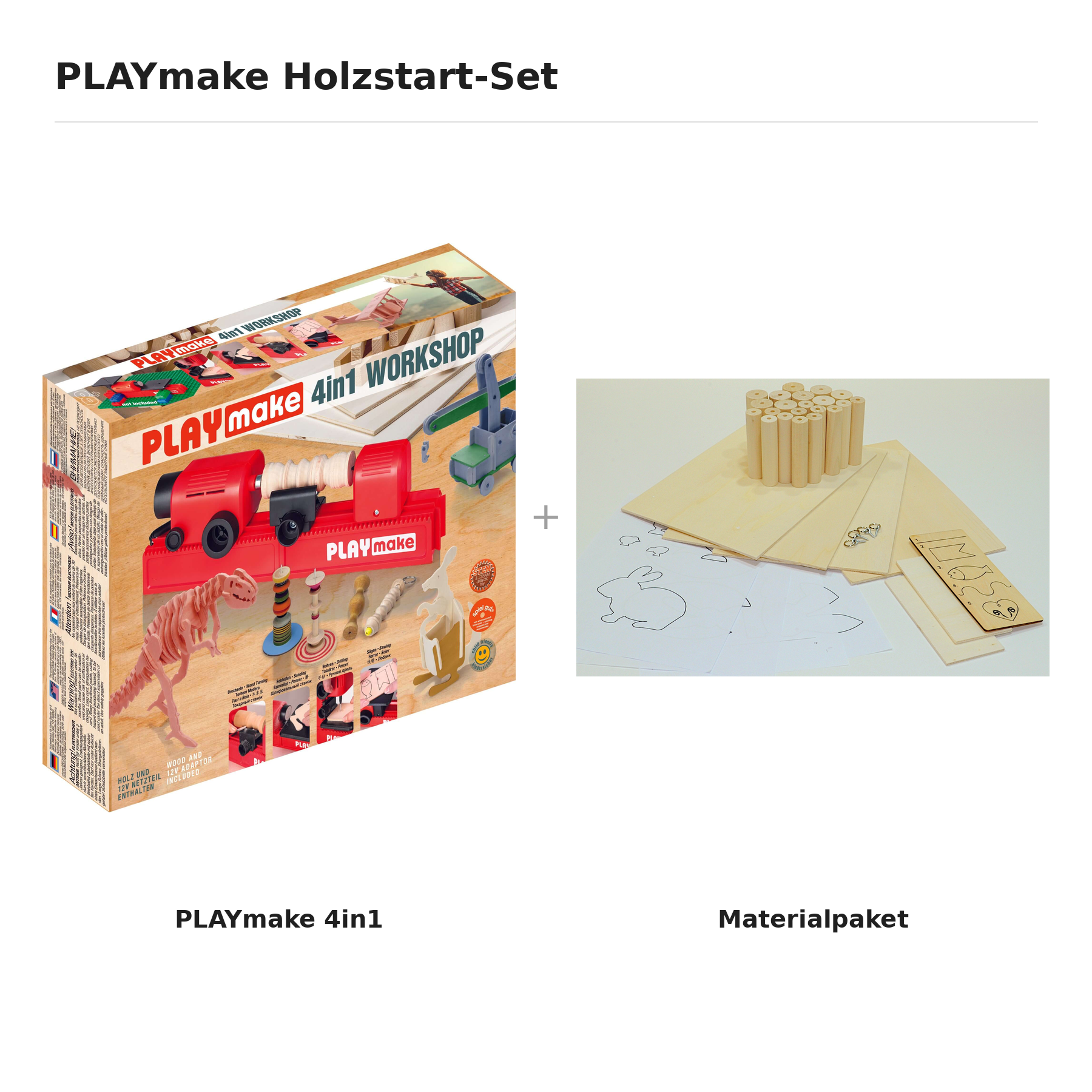 PLAYmake Holzstart-Set: PLAYmake-Maschine und Materialpaket als Collage