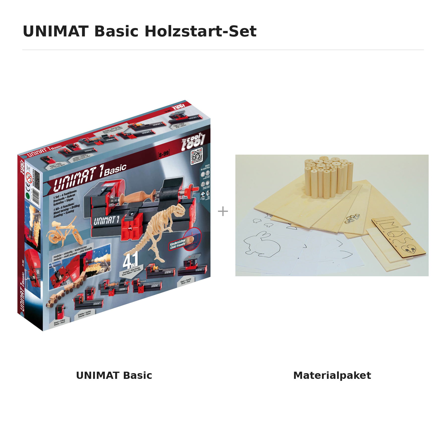 UNIMAT Basic Holzstart-Set: Basic-Maschine und Materialpaket als Collage